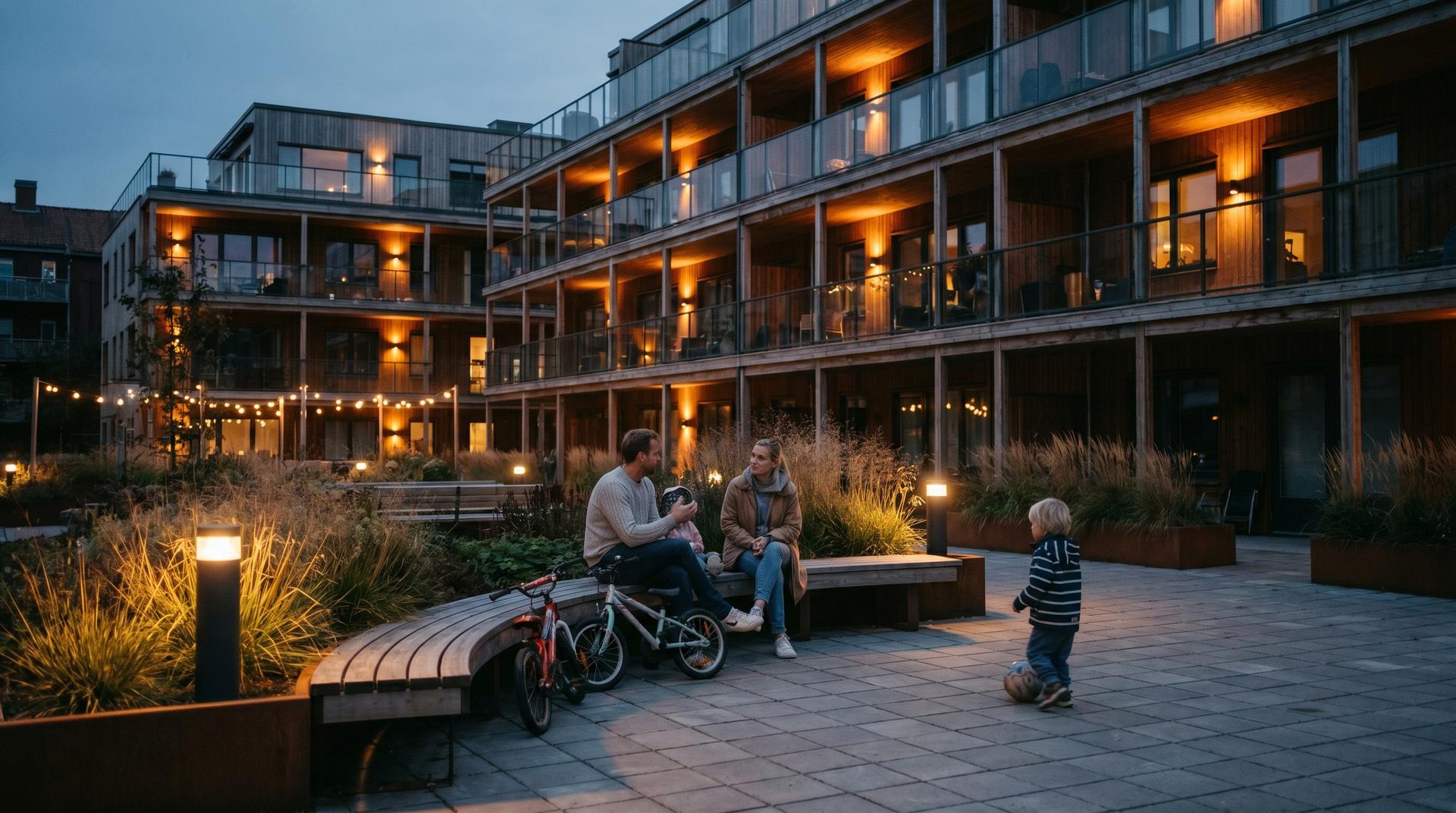 Der Gemeinschaftshof einer modernen Wohnanlage in der Dämmerung — Kinderfahrräder an einer Bank, Nachbarn im Gespräch