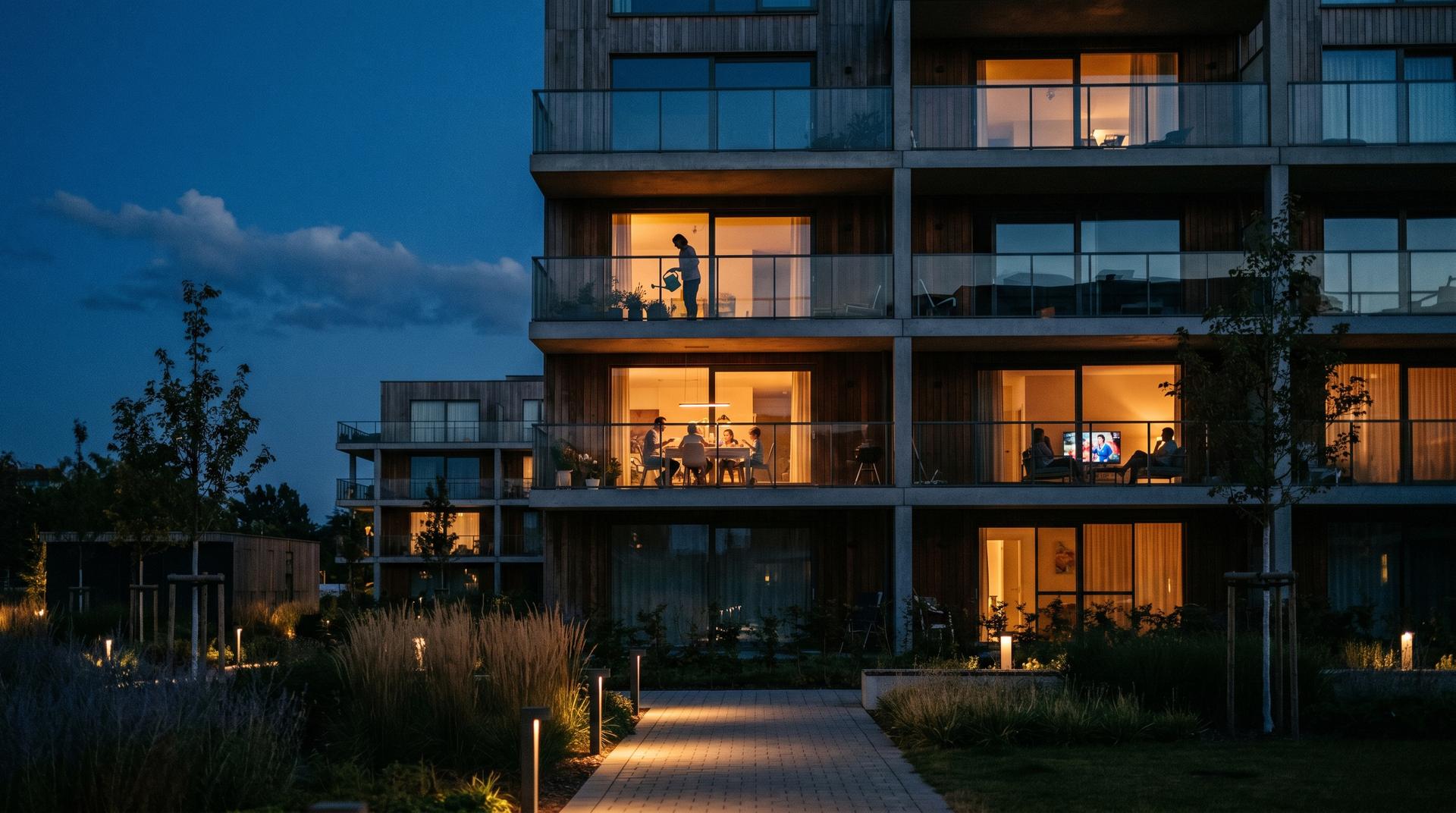Ein modernes Wohnhaus in der Abenddämmerung mit warm erleuchteten Balkonen und Fenstern