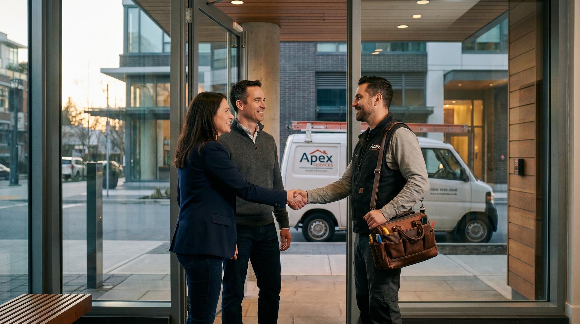 Residents greeting a local tradesperson at the entrance of their modern condominium